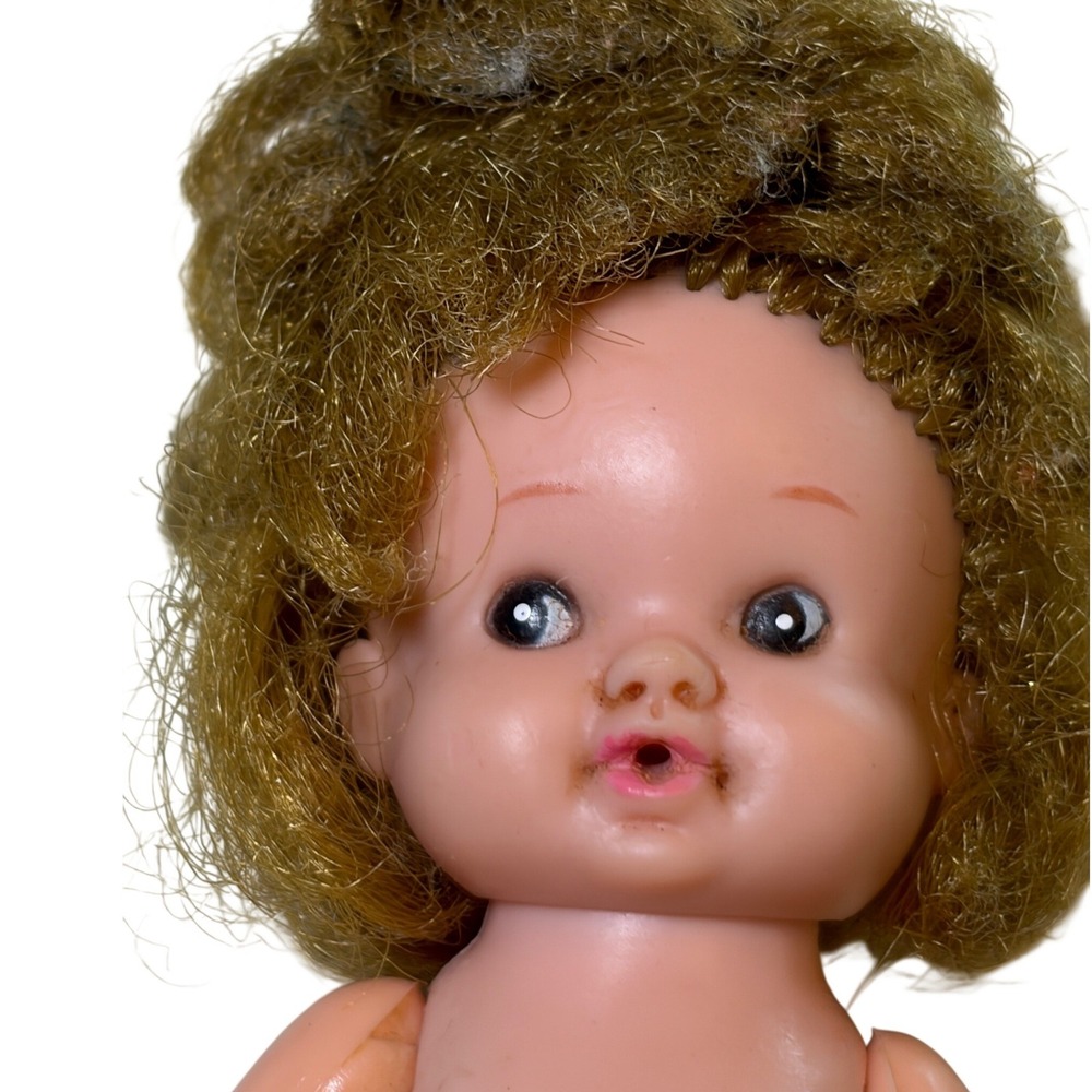 1960s Uneeda Baby Pee Wee Doll 4" Brunette Red Dress Hong Kong Vintage AS Is